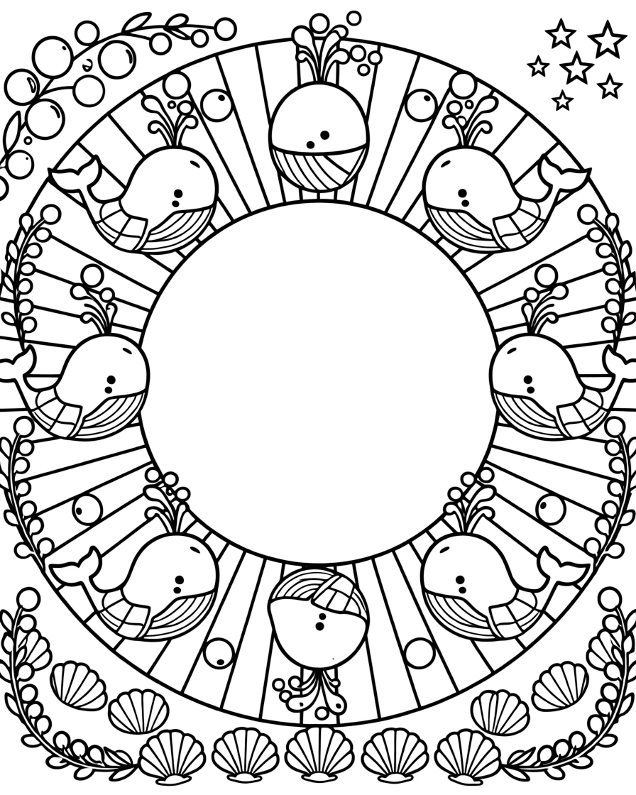Ocean Creatures: The page centers on a repeating motif of a friendly whale spouting water from its blowhole, built around a sunburst mandala with rays spreading evenly outward. The motif is lined up along the top and bottom edges, mirrored by a matching row along the left and right sides. Decorative details fill the surrounding space, including clusters of round bubbles, twisting berry-vine garlands, and overlapping scalloped shells woven throughout the background. A playful extra touch completes the page: a small cluster of shooting stars tucked into one corner.