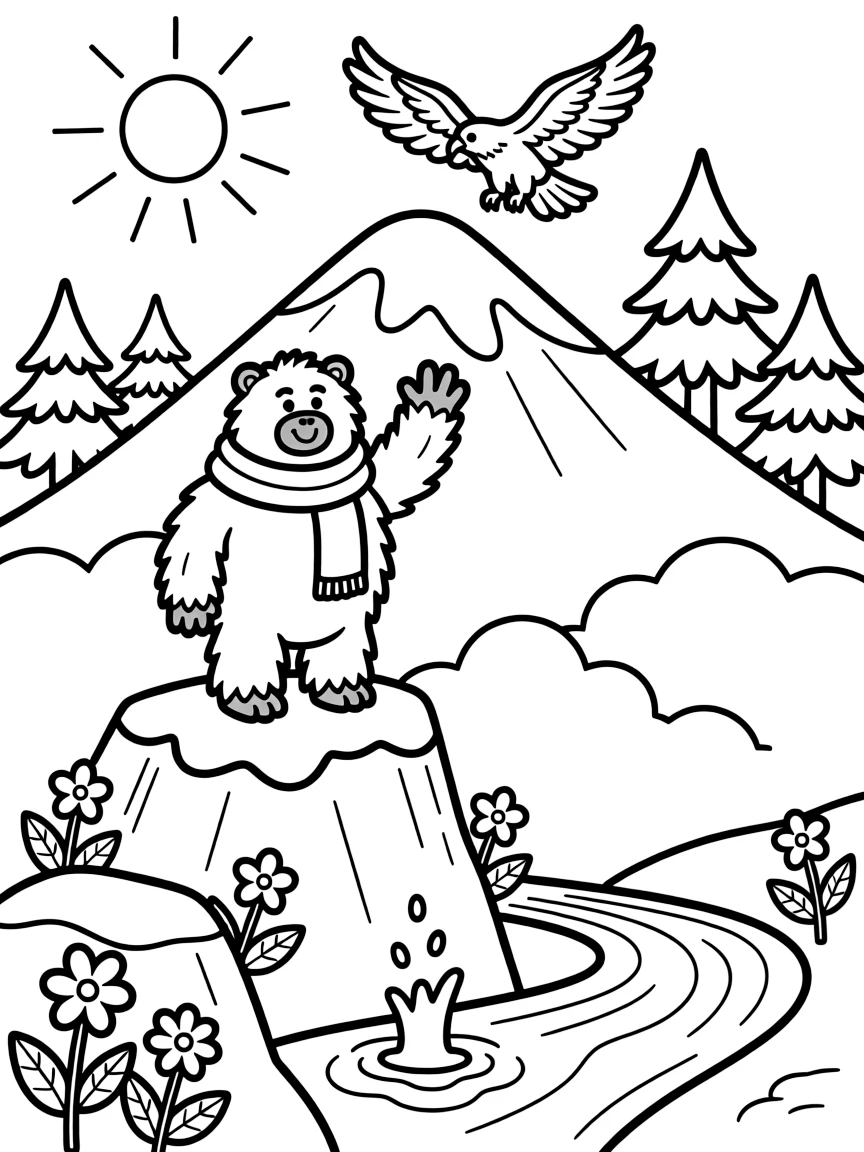 [Mountain Peaks] A friendly yeti waves from a rocky outcrop, surrounded by patches of snow and mountain flowers. Fluffy clouds drift below the summit while a hawk circles above a cluster of pine trees. Patches of wildflowers grow between boulders near a bubbling spring that feeds a mountain stream. Wisps of cloud drift past the summit as the morning sun paints the peaks in soft golden light.