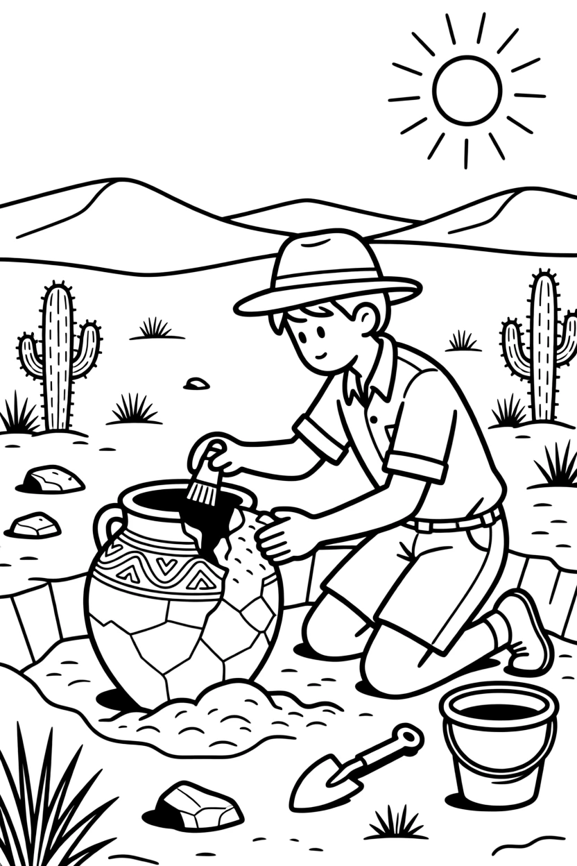 An archaeologist carefully brushes sand away from ancient pottery at a desert excavation site.