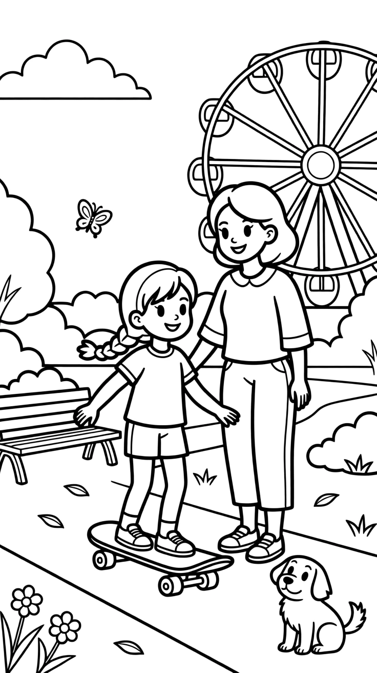 A girl with braids learning to skateboard with an aunt at the local park while a ferris wheel spins in the distance.
