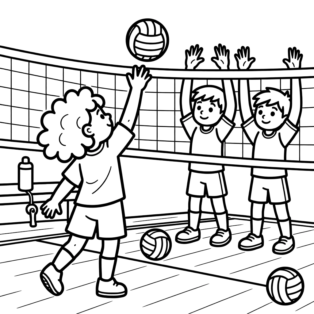 A little girl with curly hair, reaching to tip the ball just over the net past two blocking defenders.