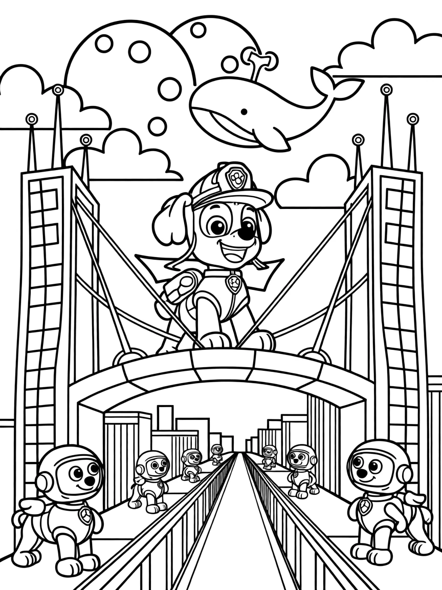 Scout Skye, a cheerful sound-blasting superhero kid fixing a broken light beam bridge between two skyscraper towers, in a bustling robot city with conveyor-belt streets, with a pair of moons rising over the horizon and a family of gentle space whales swimming through the clouds nearby.