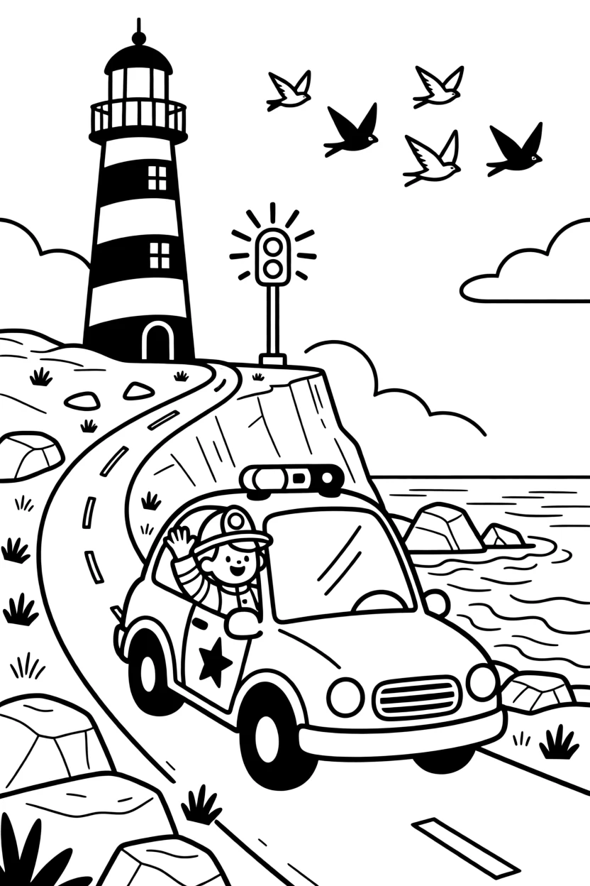 A coloring page featuring a police car with its lights spinning atop the roof, traveling through a rocky coastline with a striped lighthouse on the cliff, with a proud firefighter leaning out to wave and a signal light blinking cheerfully and a flock of birds flying alongside in formation filling the scene.