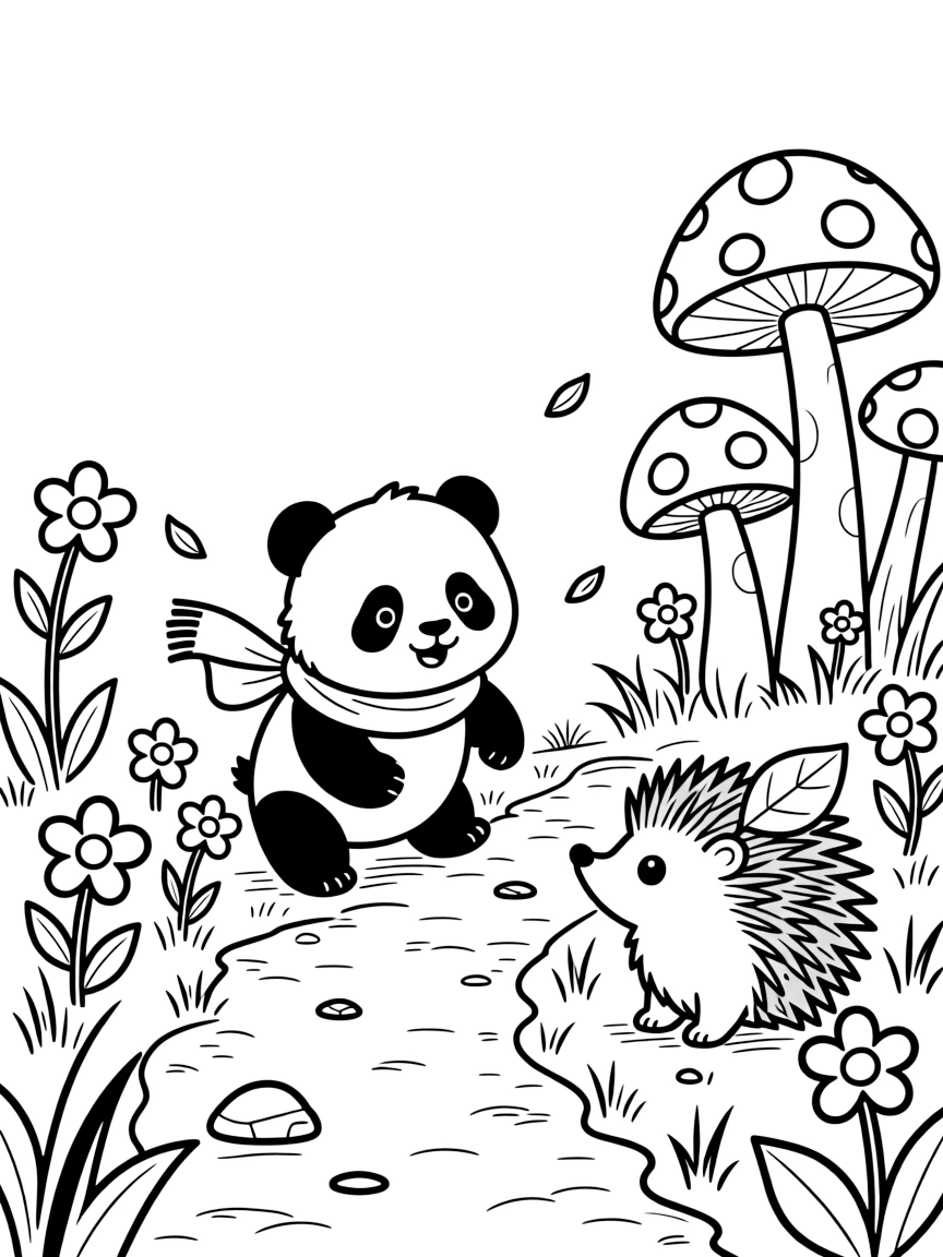 A panda cub playing hide and seek among the flowers with a porcupine along a dusty savanna trail, near a cluster of colorful mushrooms, while a gentle breeze scatters flower petals.