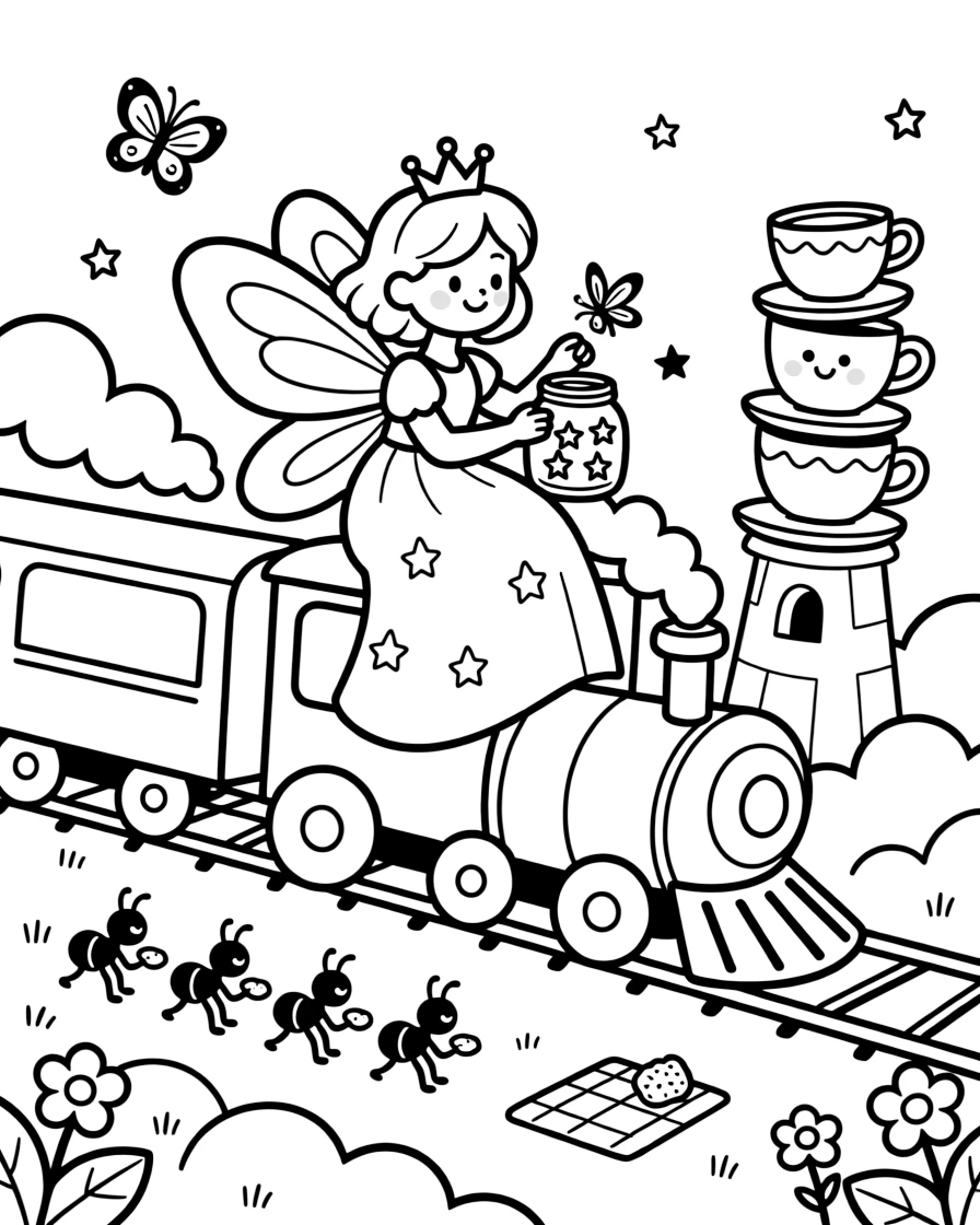 On a train chugging through fluffy clouds, a grumpy-but-lovable butterfly fairy queen is busy catching fireflies in a jar to light up the night, cheered on by a wobbly tower of stacked teacups and a line of ants carrying a picnic crumb. It feels like the best day ever for everyone involved.