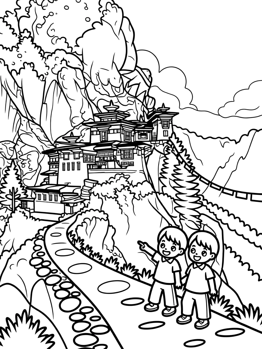 A coloring page set in Bhutan, showing a cliffside monastery perched dramatically on a steep mountainside, with a winding path leading toward it and a couple of curious children pointing excitedly.
