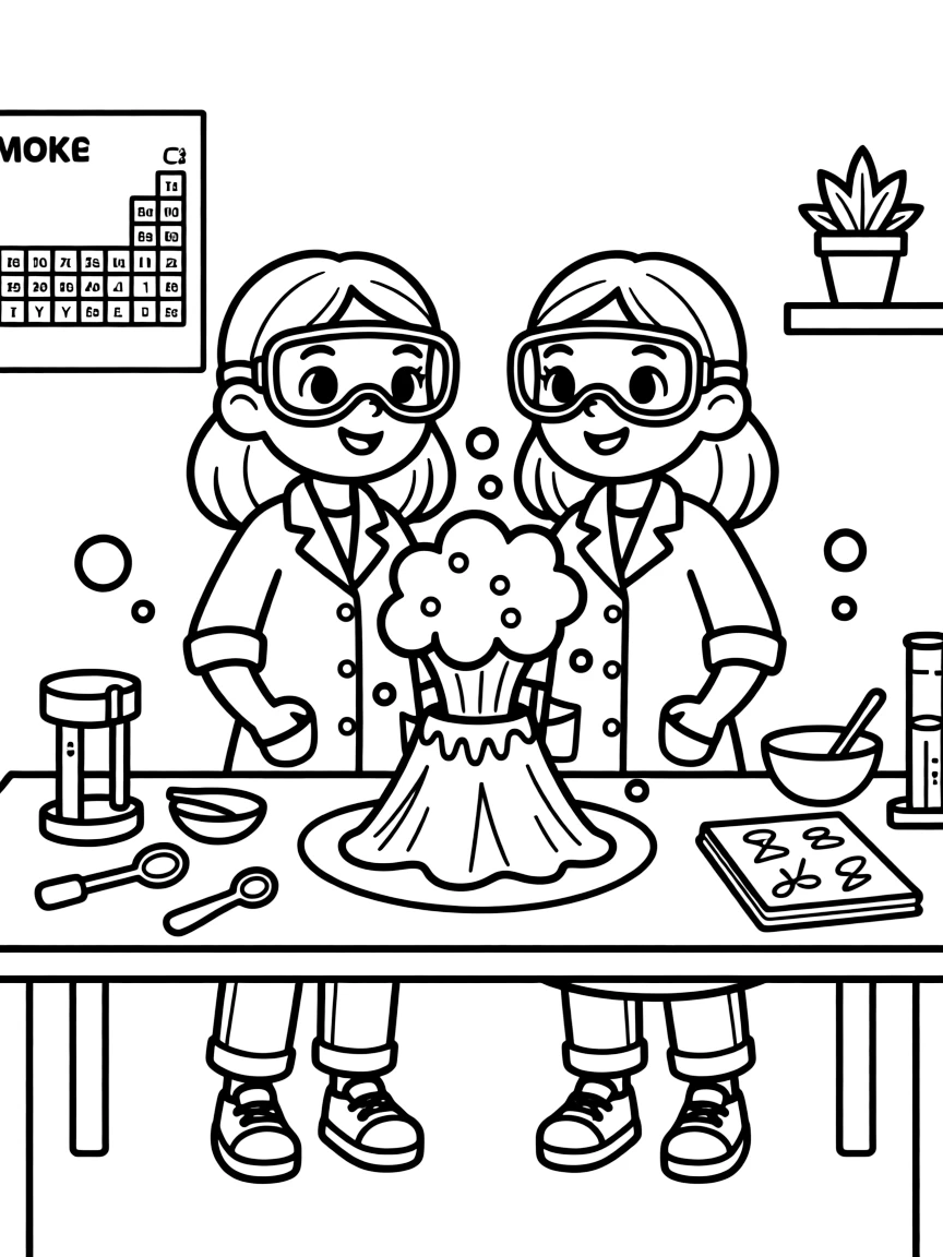 bright-eyed twin sisters in safety goggles watches a baking-soda volcano erupt with colorful bubbling foam on a lab table.