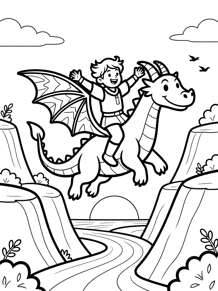 A dragon and a knight who have become best friends fly together through a canyon at sunset, the knight riding bareback with arms outstretched.