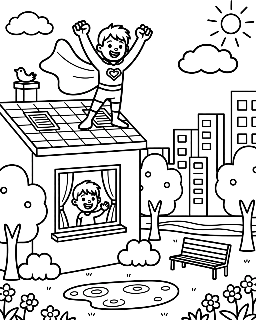 [Superheroes] a young superhero-in-training striking a heroic pose atop a building near a city park, cheering with both fists raised. Nearby, a grateful citizen waves from a window. A flowing cape billows dramatically behind. The scene is captured just after a rainstorm, with heat waves shimmering in the distance, giving the page a lively and adventurous feel that invites plenty of colorful detail.