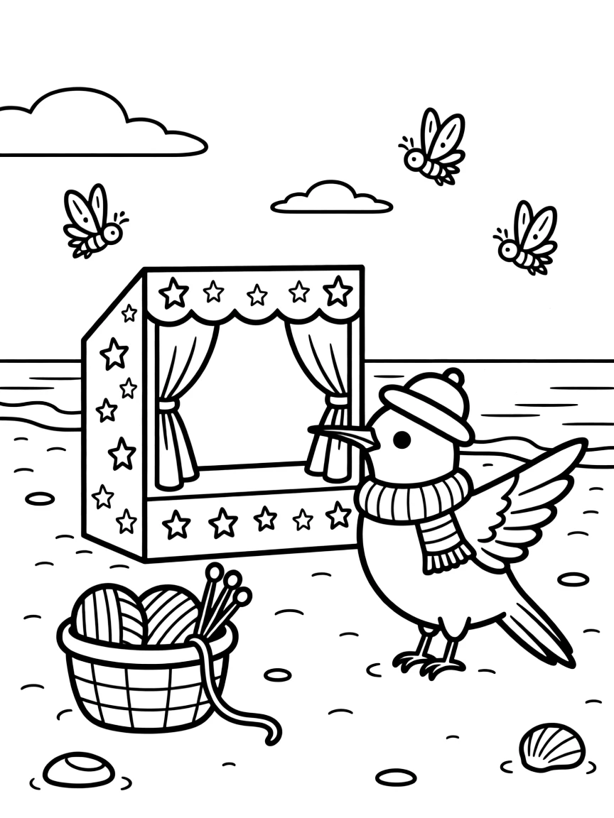 A tiny hummingbird is putting on a puppet show behind a cardboard stage on a sandy beach at golden sunset. Nearby, twinkling fireflies rising into the air and a basket of yarn and knitting needles nearby make the scene feel magical.