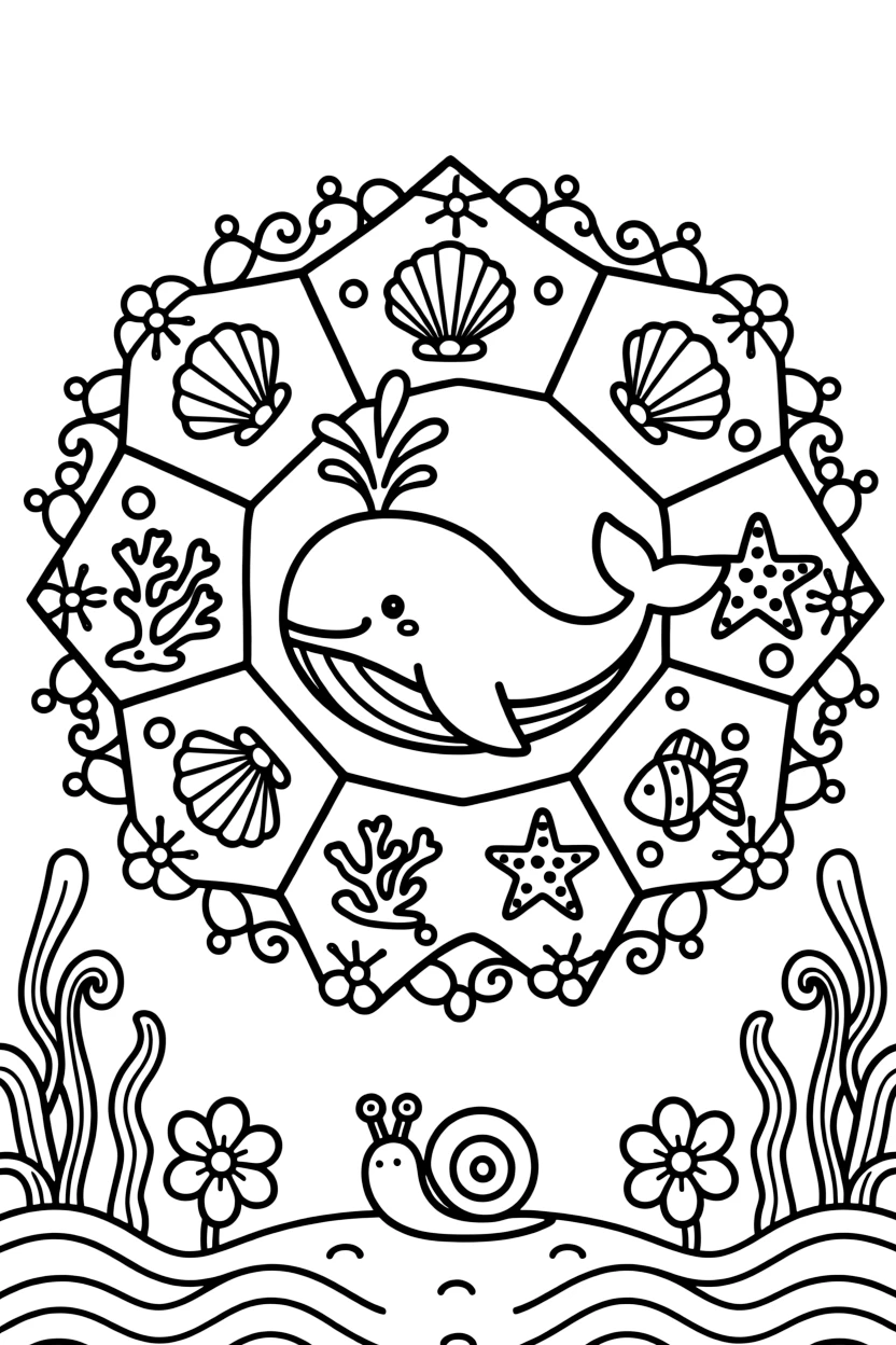 Ocean Creatures: The page presents a small themed scene built around a friendly whale spouting water from its blowhole, tied together by a hexagon-based mandala built from six matching wedges. The scene is arranged in a mirrored scene, with matching elements balanced on the left and right halves of the page. Decorative details fill the surrounding space, including layered flower rosettes, swirling vine tendrils, and rows of curling wave shapes woven throughout the background. A playful extra touch completes the page: a little snail resting quietly on one of the larger shapes.