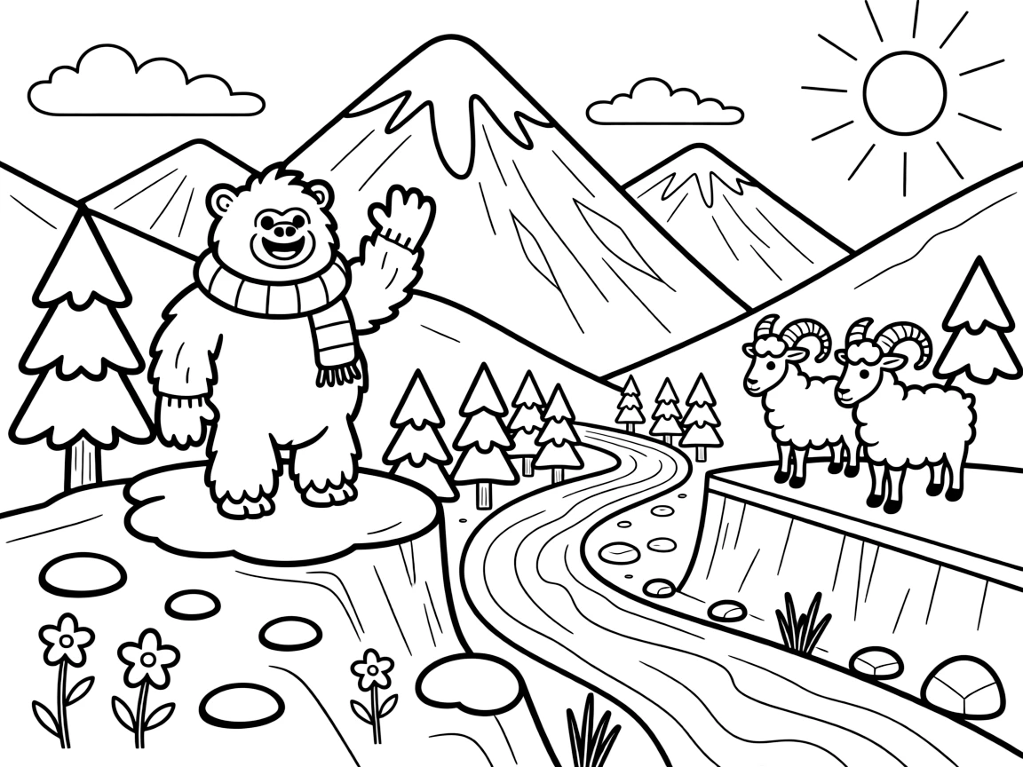 [Mountain Peaks] A friendly yeti waves from a rocky outcrop, surrounded by patches of snow and mountain flowers. A pair of mountain sheep with curled horns stand on a narrow ledge overlooking a deep valley. Snow-capped peaks tower over a valley filled with pine forests and a winding river below. Wisps of cloud drift past the summit as the morning sun paints the peaks in soft golden light.