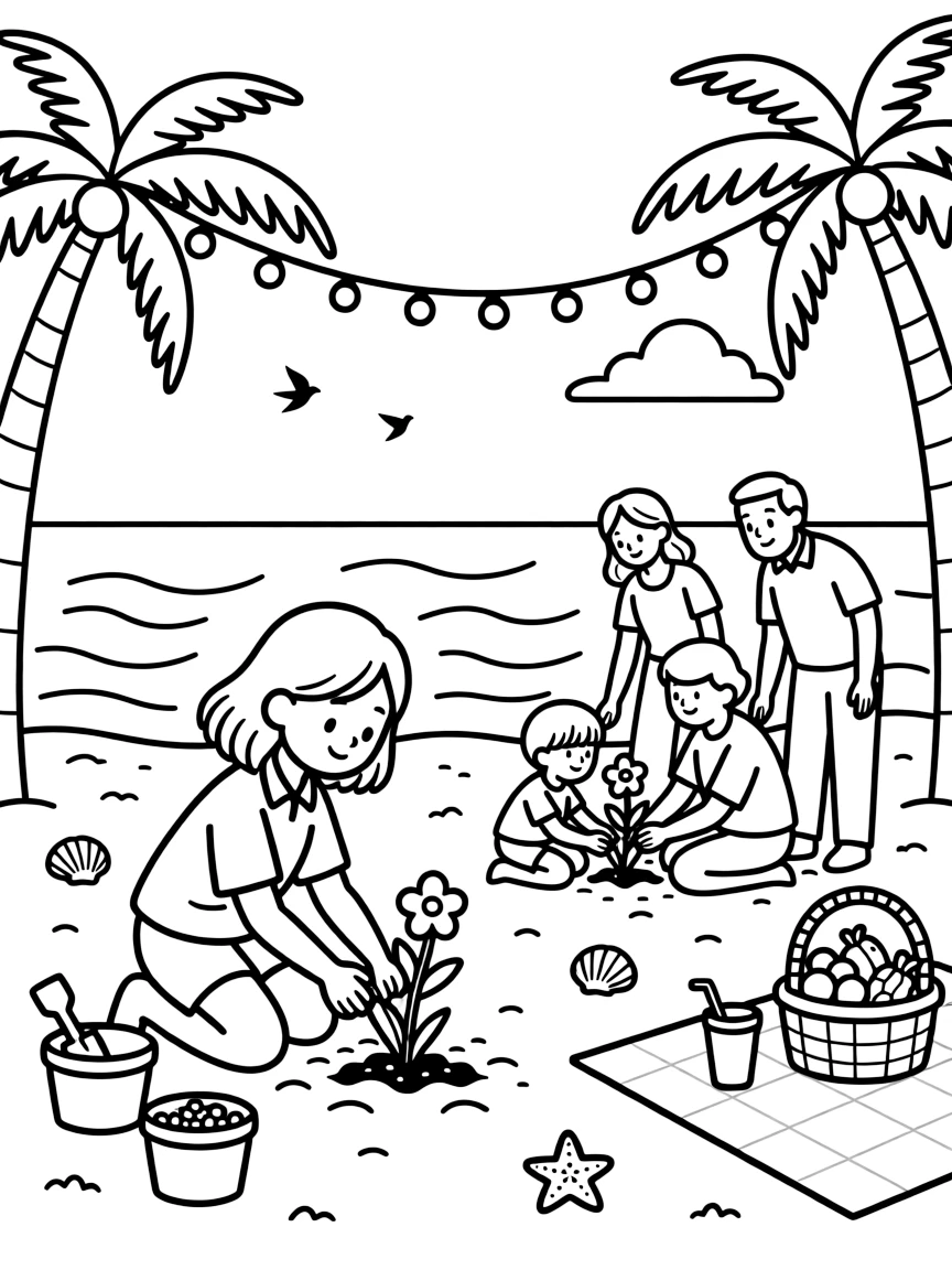 A dreamy-eyed girl planting flowers with a family of five at the beach with string lights twinkling overhead.