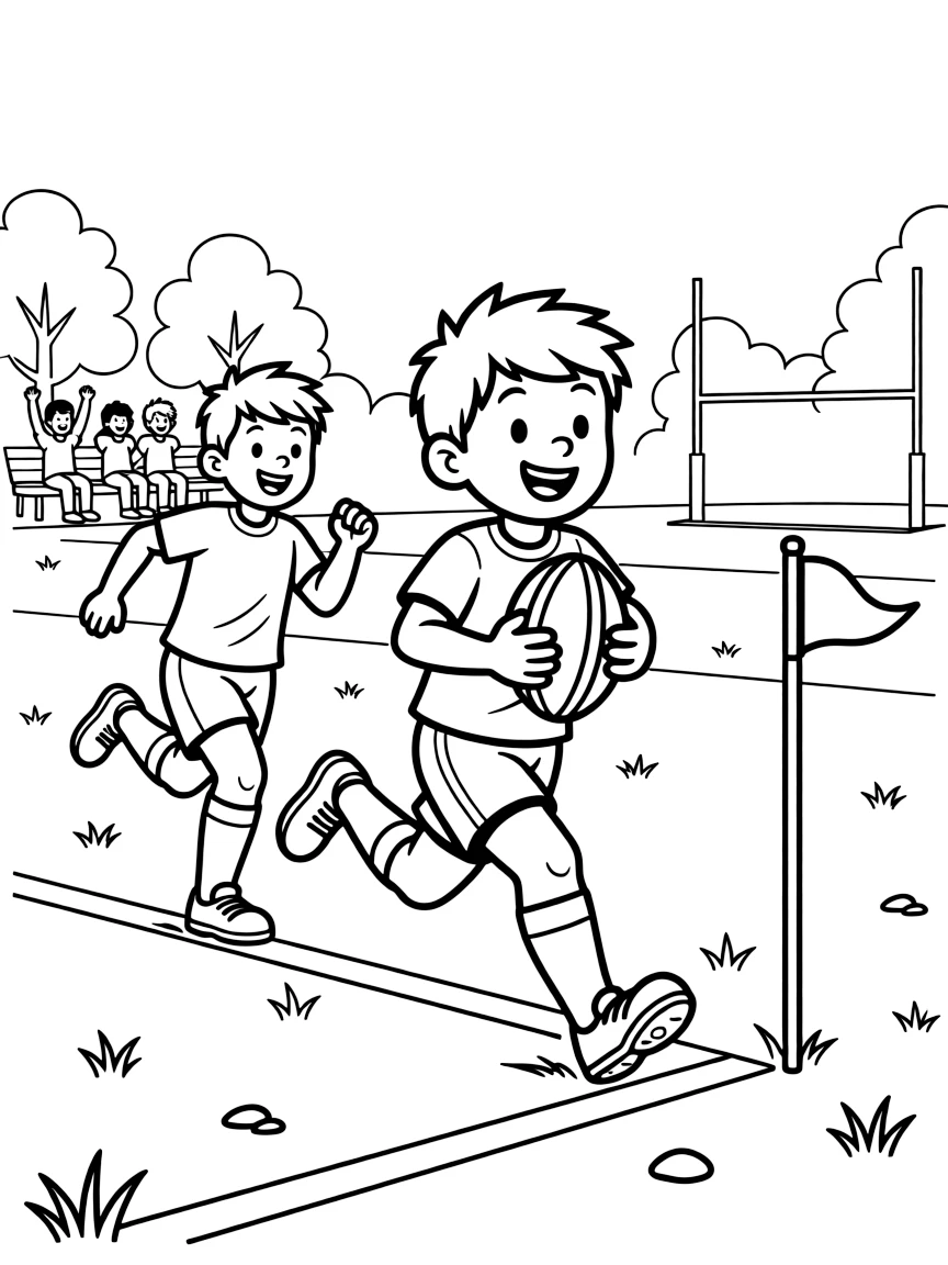 A cheerful young boy, sprinting toward the try line clutching the ball tightly with a defender in pursuit.