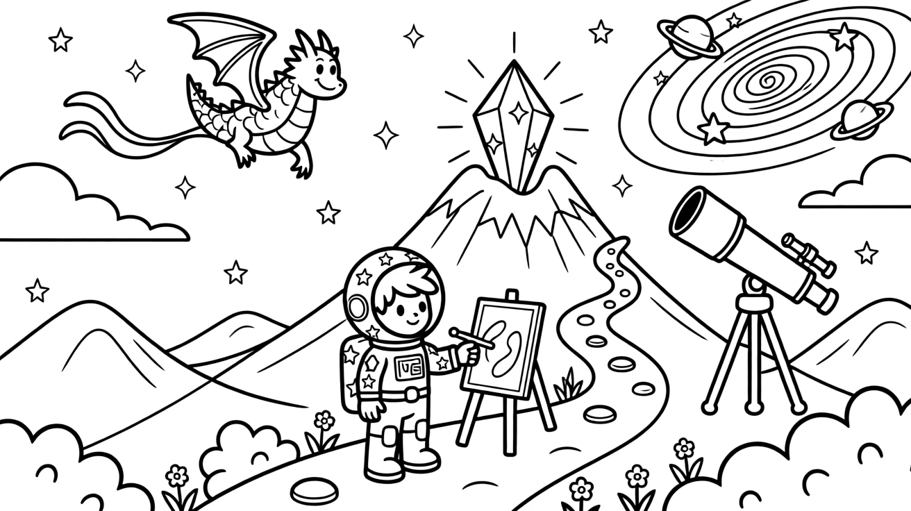Astronaut Vega, a young space explorer in a starry spacesuit helping a robot learn to paint with light instead of paint, in a mountain trail winding up to a glowing crystal peak, with a giant telescope pointed at a swirling galaxy and a kite shaped like a friendly dragon flying overhead nearby.