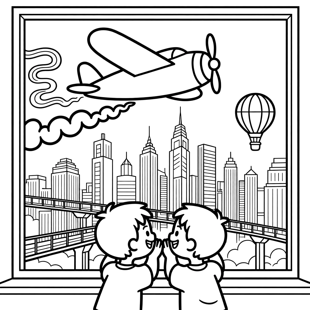 A big, friendly a stunt plane trailing loops of colored smoke rolls through a gleaming futuristic city skyline with towers and skywalks, with twin siblings pressing their faces to the window enjoying the ride and a hot air balloon floating in the distance adding a playful touch.