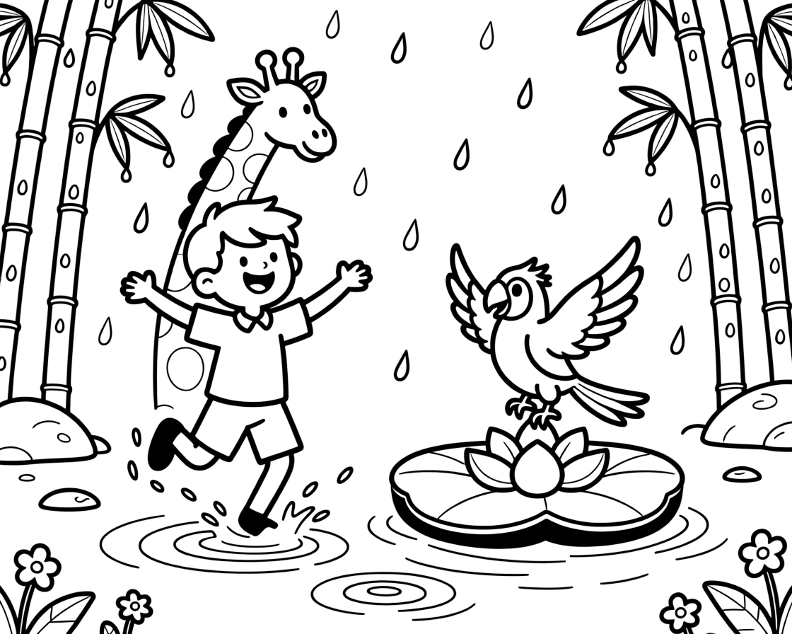 A parrot on a floating lily raft, dancing in the rain with a giraffe, next to a tall bamboo grove, as dewdrops sparkle on the leaves.