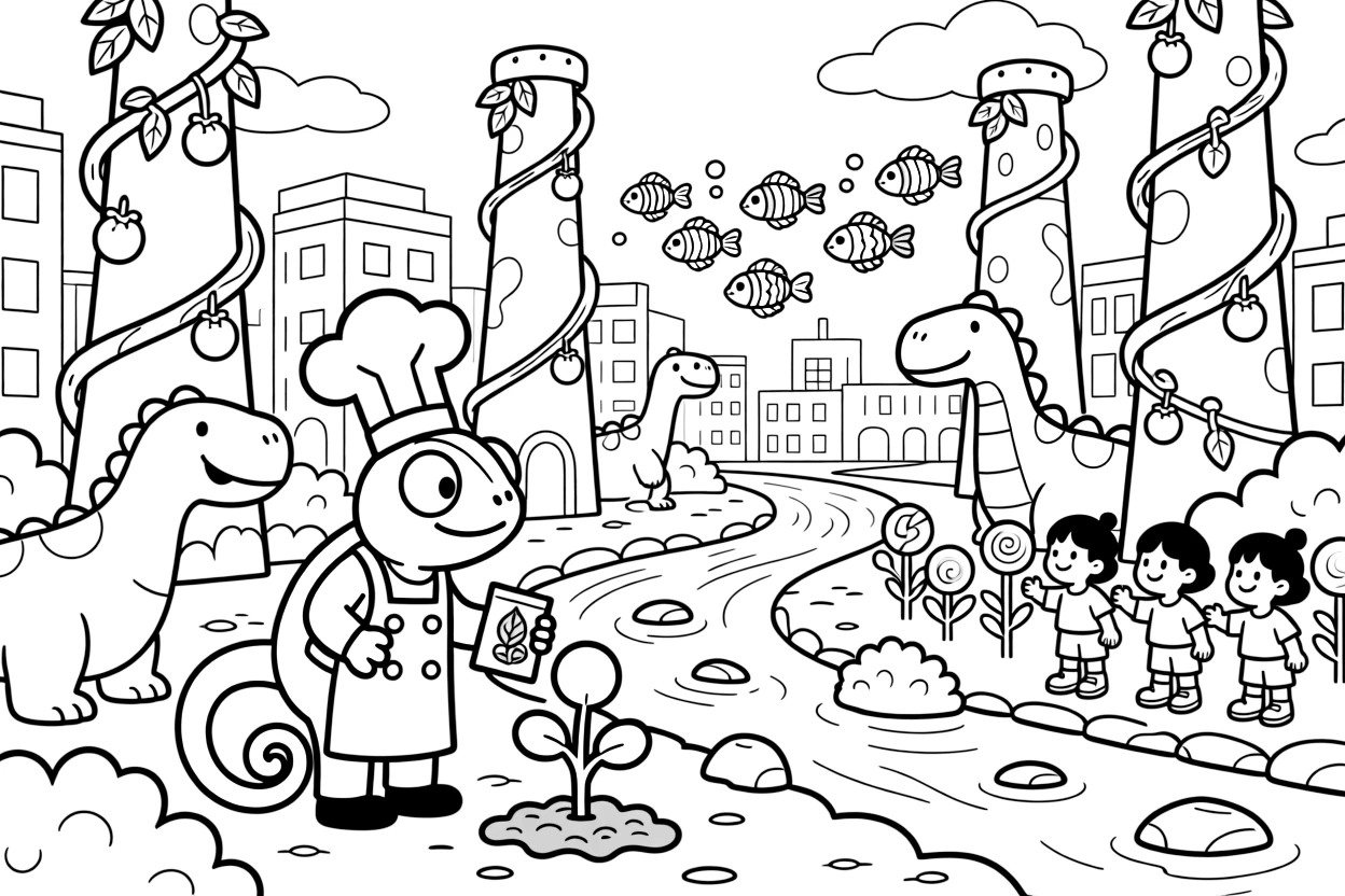 In a bustling dinosaur city with vine-covered towers, a chirpy chameleon chef discovers the joy of planting seeds that grow into candy trees, while a school of rainbow fish swimming past watches happily nearby. Every creature nearby wants to join in the fun.