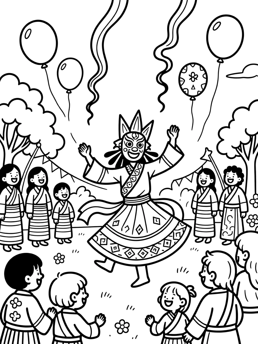A coloring page bursting with festival energy from Bhutan, depicting the Paro Tsechu festival with masked dancers twirling in bright costumes, with balloons, streamers, and happy onlookers filling the scene.