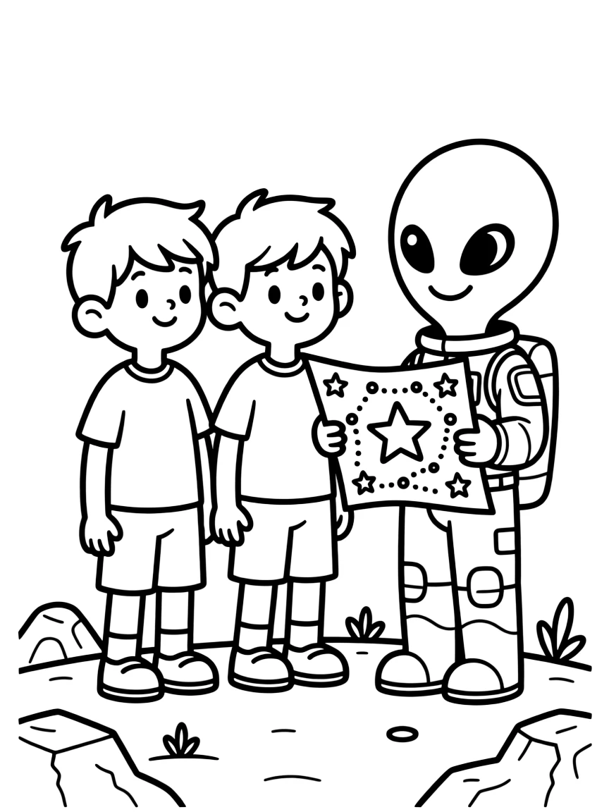 bold twin brothers meet a friendly alien who shows off a glowing star map of the galaxy.