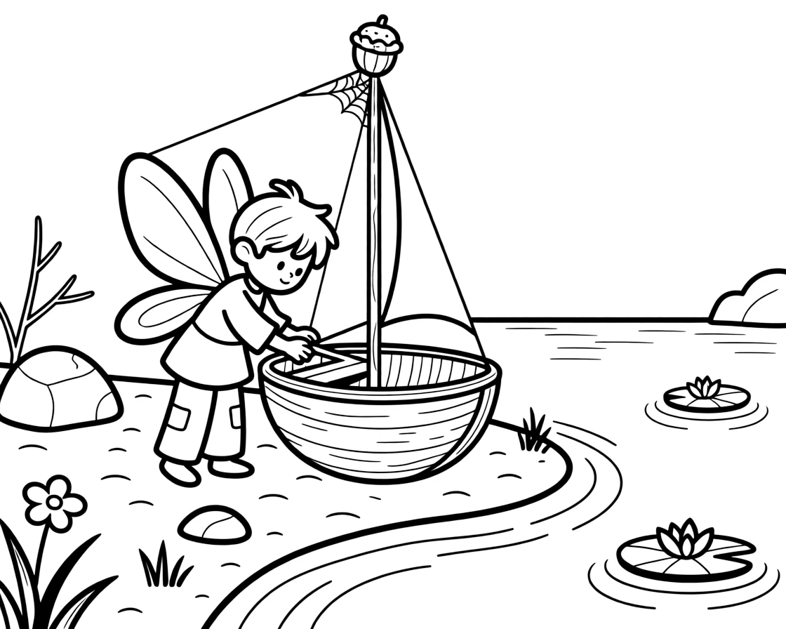 A tiny fairy carpenter builds a walnut-shell boat on a riverbank, using a spider's silk as rigging for its acorn-cap sail.
