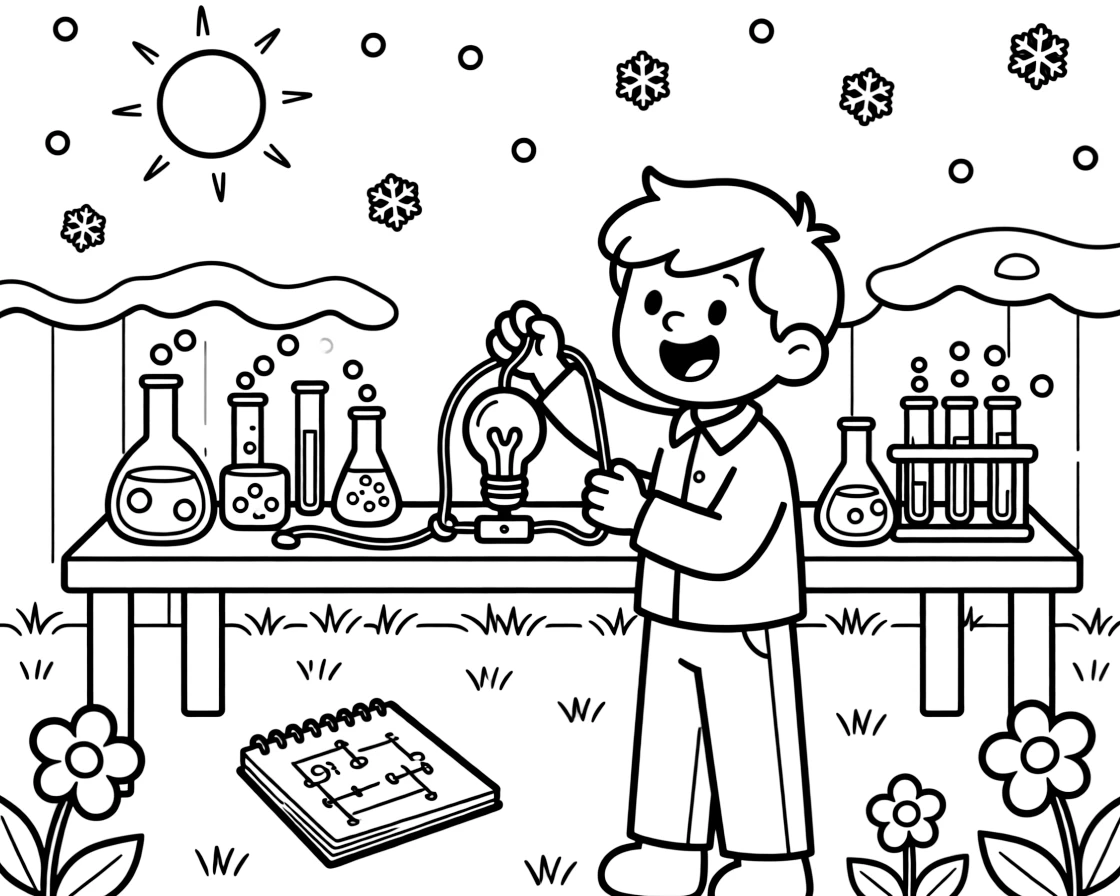 [Science Experiments] a young inventor testing a homemade circuit connecting wires to light up a small bulb in a sunny backyard. In the background, beakers and test tubes line the table, adding extra fun to explore. Bubbles and fizz add fun texture to color. It all happens at high noon, with snow gently falling.