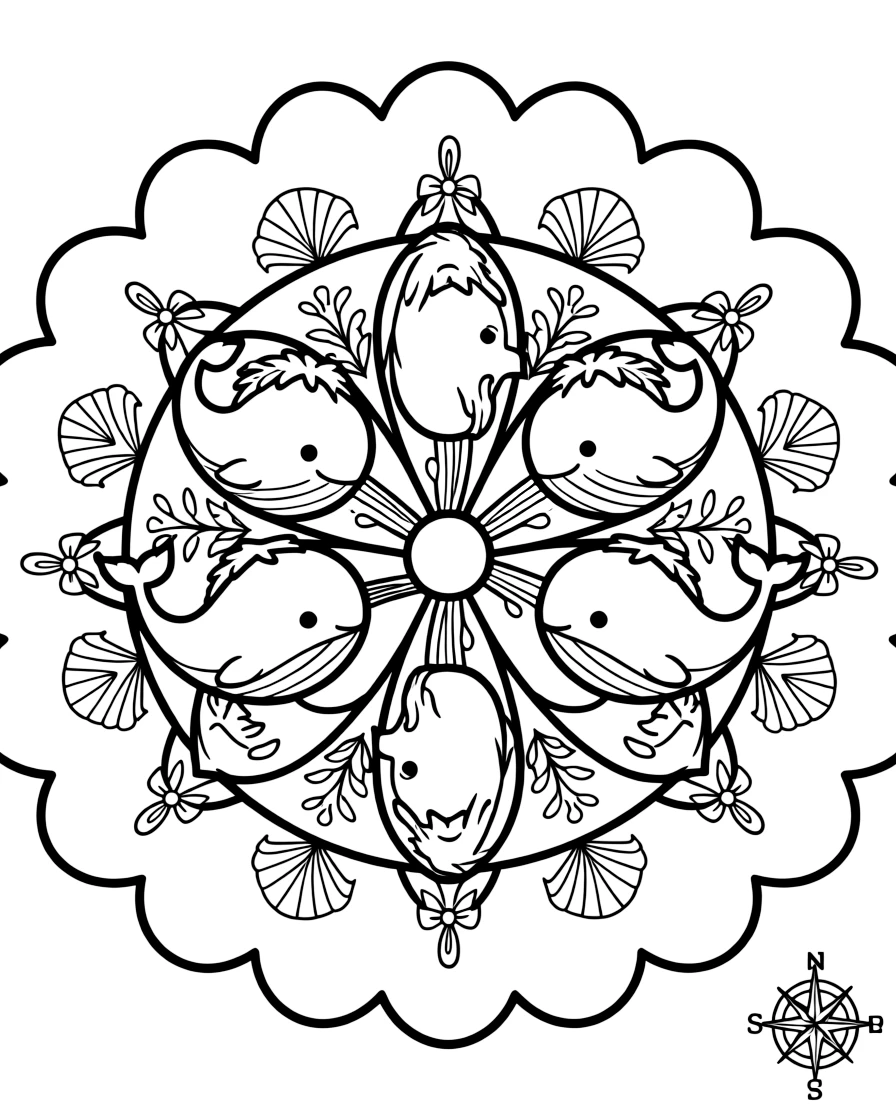 Ocean Creatures: The design turns a friendly whale spouting water from its blowhole into a kaleidoscope-style composition anchored by a scalloped wreath mandala with rounded overlapping arcs. The imagery is reflected six times around a central point, so each wedge of the page mirrors the one beside it. Decorative details fill the surrounding space, including loops shaped like small bows, tightly coiled spiral shells, and fan-shaped feather clusters woven throughout the background. A playful extra touch completes the page: a tiny compass shape resting in one corner of the design.