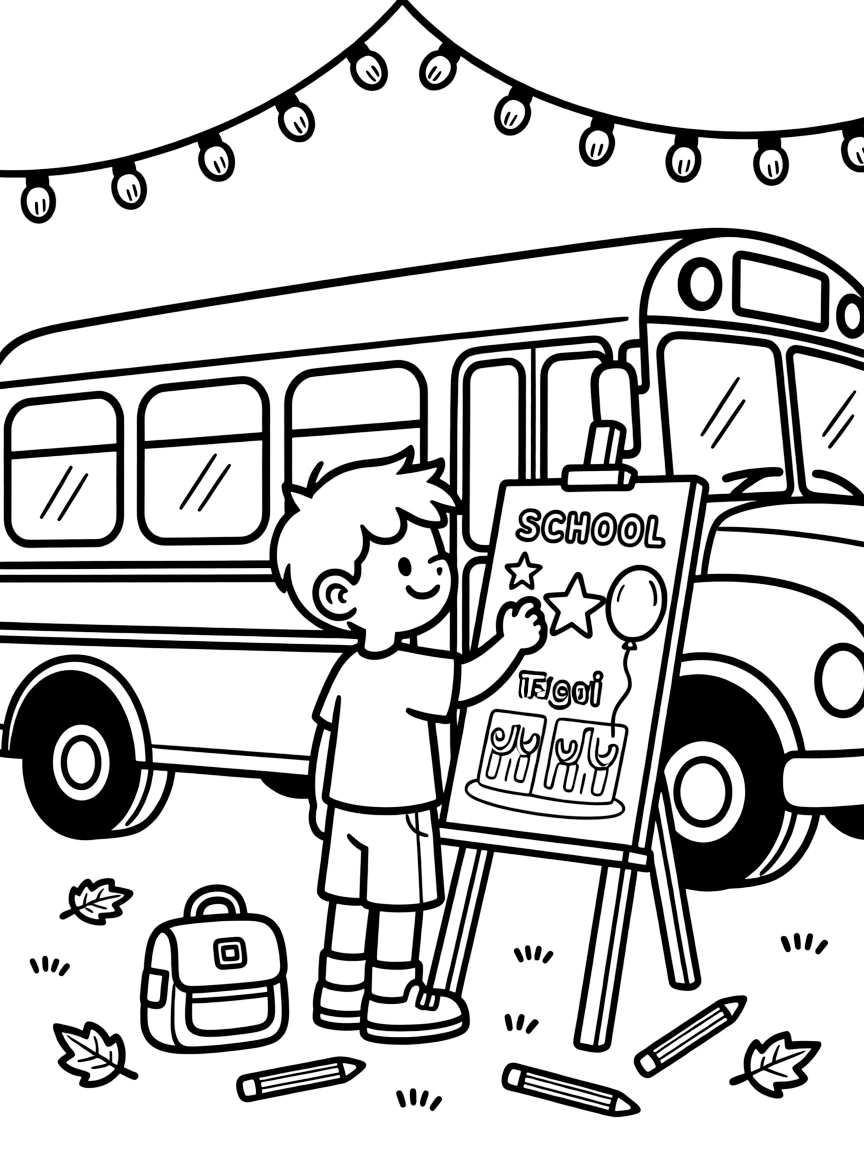 A boy with a hearing aid decorating a poster for a school event at a school bus with string lights twinkling overhead.