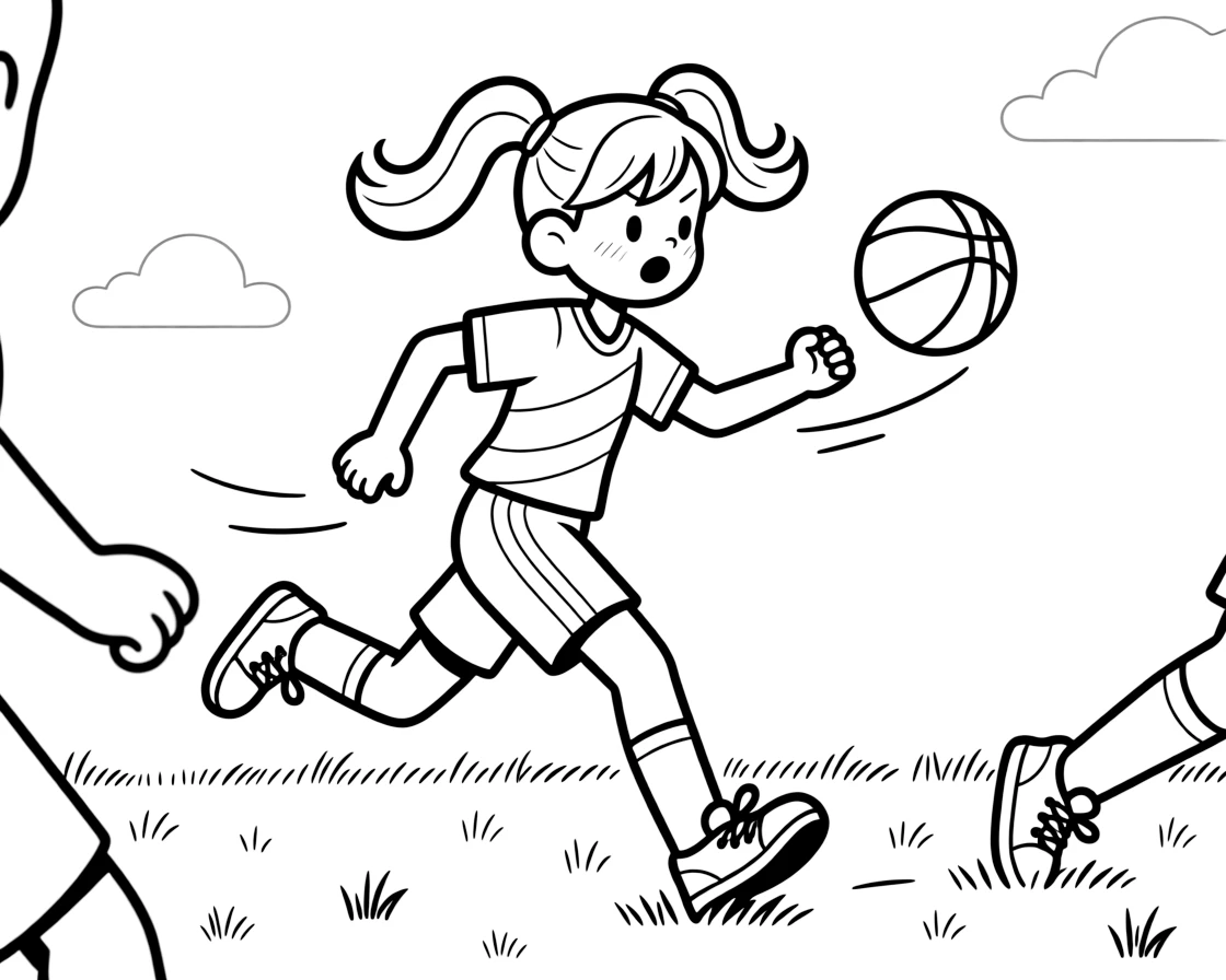 A determined girl with pigtails, passing the ball backward to a teammate during a fast attacking play.