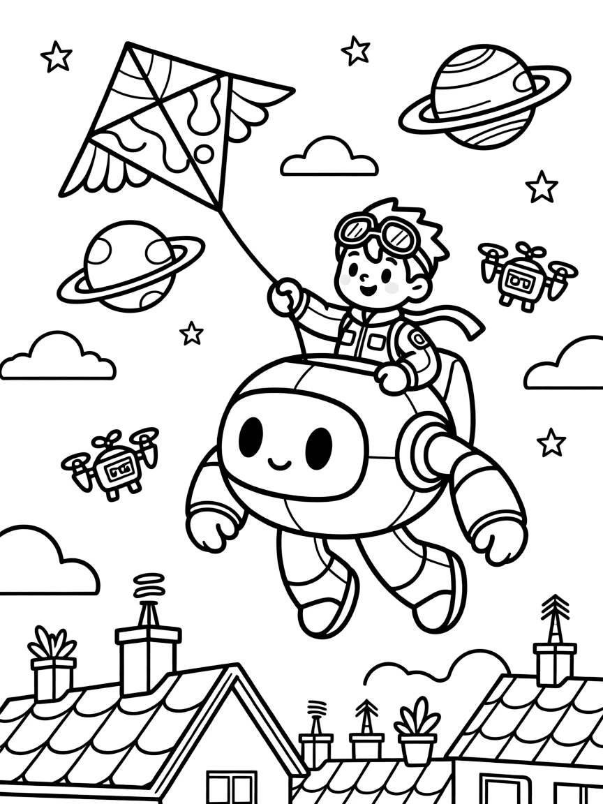 In a floating amusement park with rides shaped like planets, young pilot Orion riding inside the friendly giant mech Solar Sentinel flying a kite that doubles as a mini glider over rooftops, while tiny drones buzzing around delivering packages adds to the excitement.