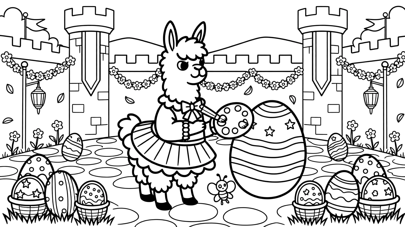 Grumpy-but-lovable and full of excitement, a llama fashionista spends the day painting eggs in every color of the rainbow at a royal castle courtyard decorated for a festival. Nearby, a tiny firefly friend lighting the way adds to the fun. Giggles echo happily through the whole valley.