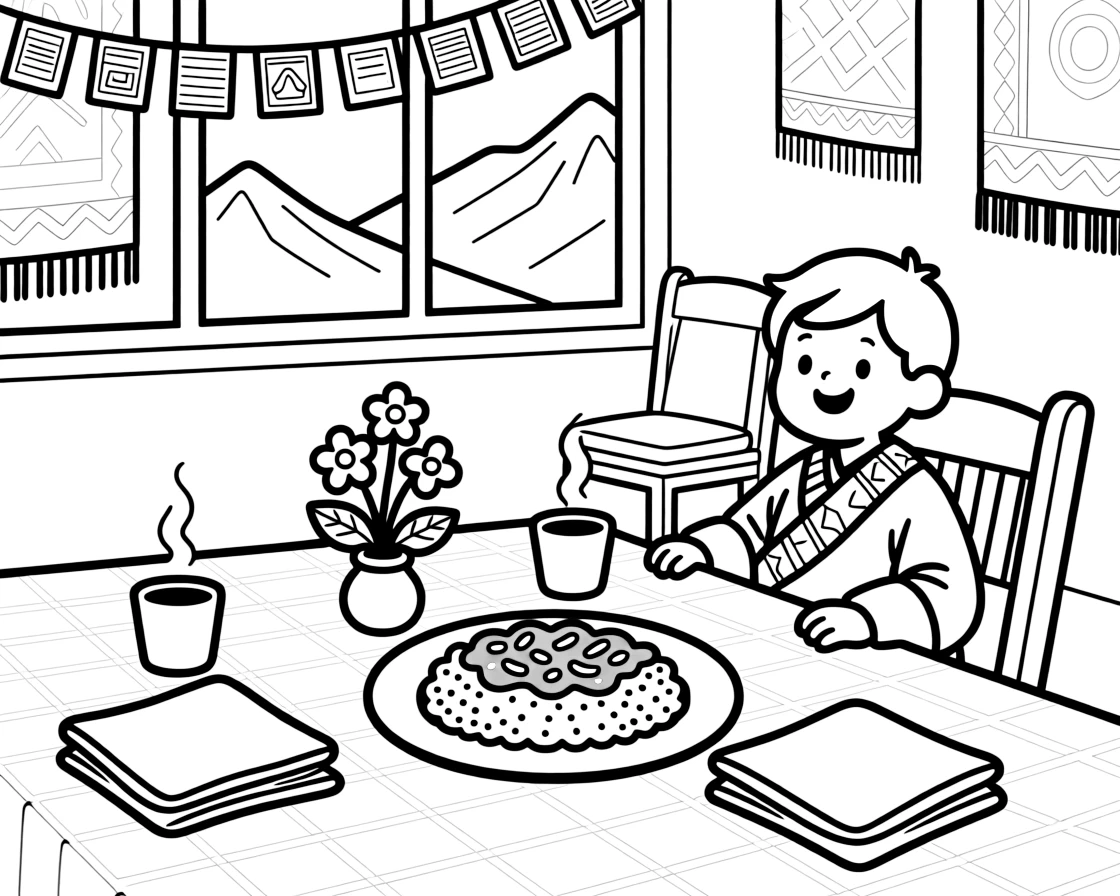 A coloring page of a cozy mealtime scene from Bhutan featuring a plate of red rice with chili cheese stew (ema datshi), arranged on a table with napkins, cups, and a cheerful centerpiece.