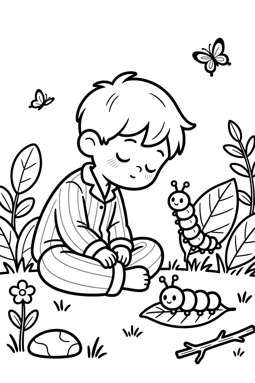 a sleepy little boy watches a caterpillar munch a leaf, curious about its journey to becoming a butterfly.