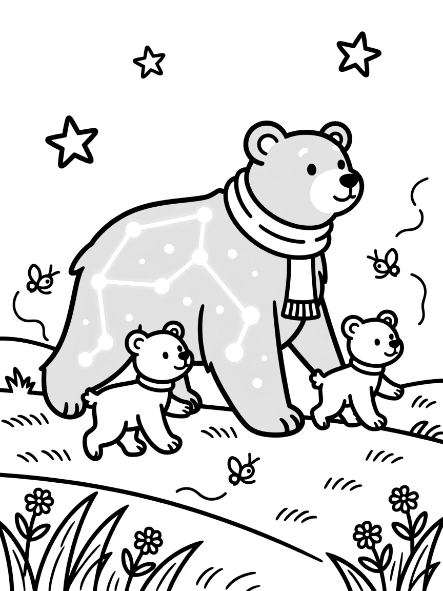 A mama bear with a glowing constellation pattern on her fur guides her cubs across a starlit meadow, fireflies swirling around their paws.