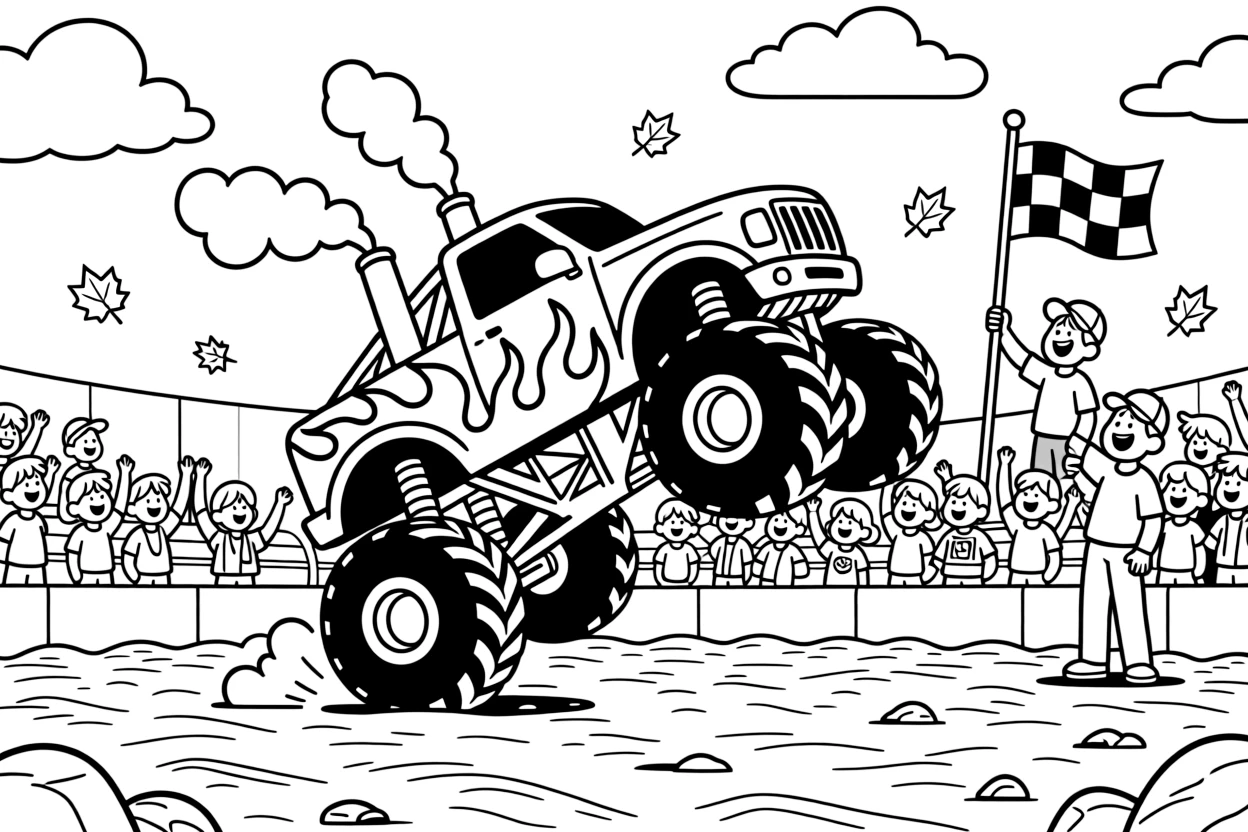 [Monster Trucks] a flame-painted monster truck doing a wheelie in front of the crowd in a packed dirt arena, concentrating hard with a focused expression. Nearby, a checkered flag waves from the sidelines. Smoke puffs from the tall exhaust stacks. The scene is captured on a crisp autumn afternoon, with fluffy clouds drifting overhead, giving the page a lively and adventurous feel that invites plenty of colorful detail.
