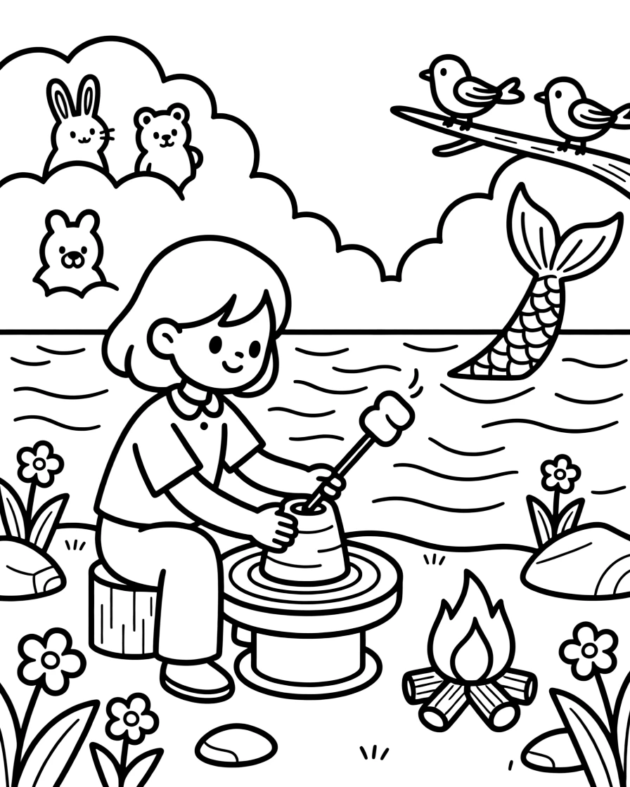 A girl potter shaping clay on a spinning wheel is roasting marshmallows over a crackling campfire in a glowing mermaid lagoon. All around, fluffy clouds shaped like little animals and friendly songbirds perched close by make the setting feel extra special.