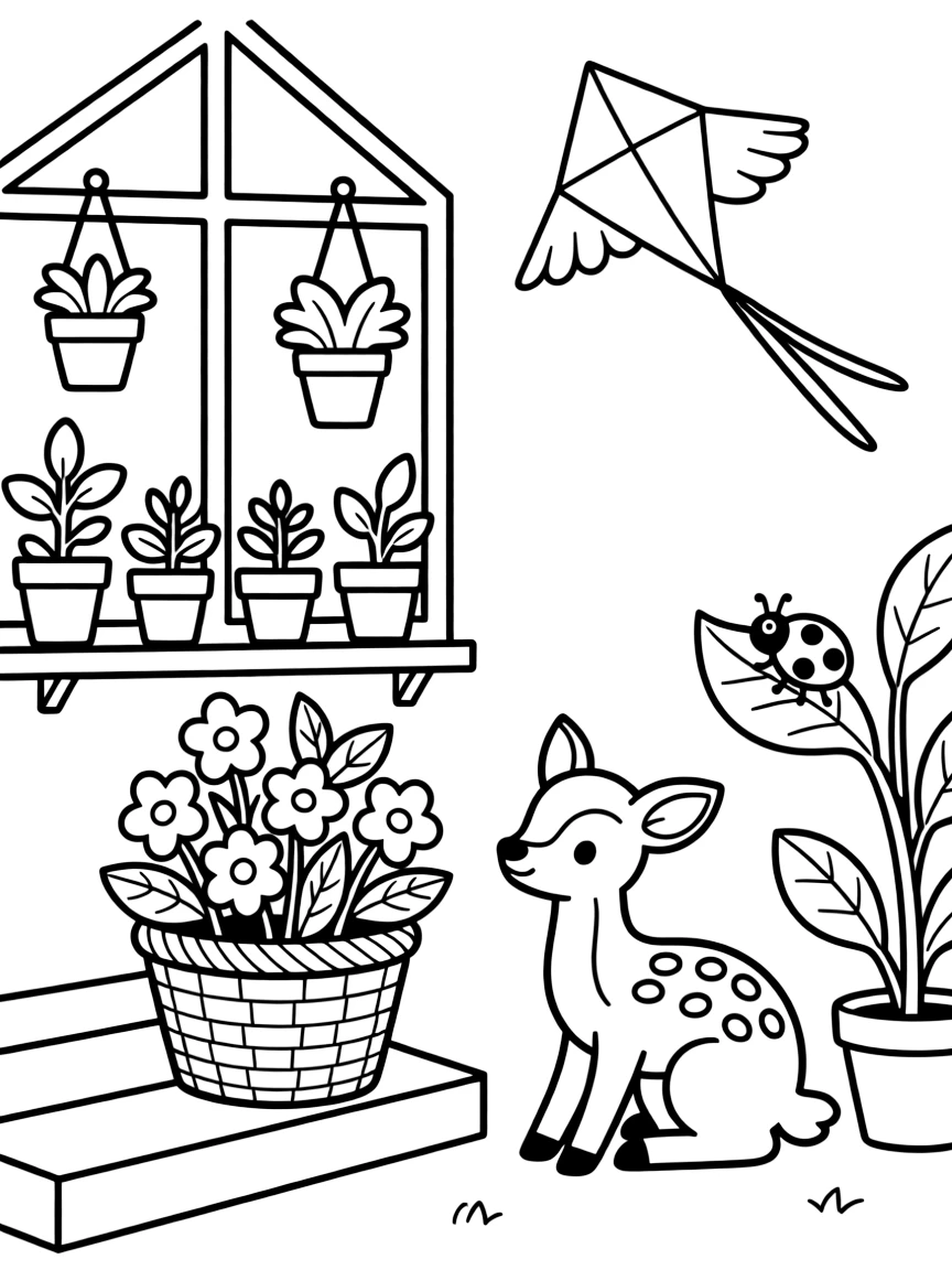 A basket of flowers left on a doorstep in a greenhouse filled with budding plants, with a spotted fawn playing close by amid a ladybug crawling on a leaf and a kite shaped like a bird.