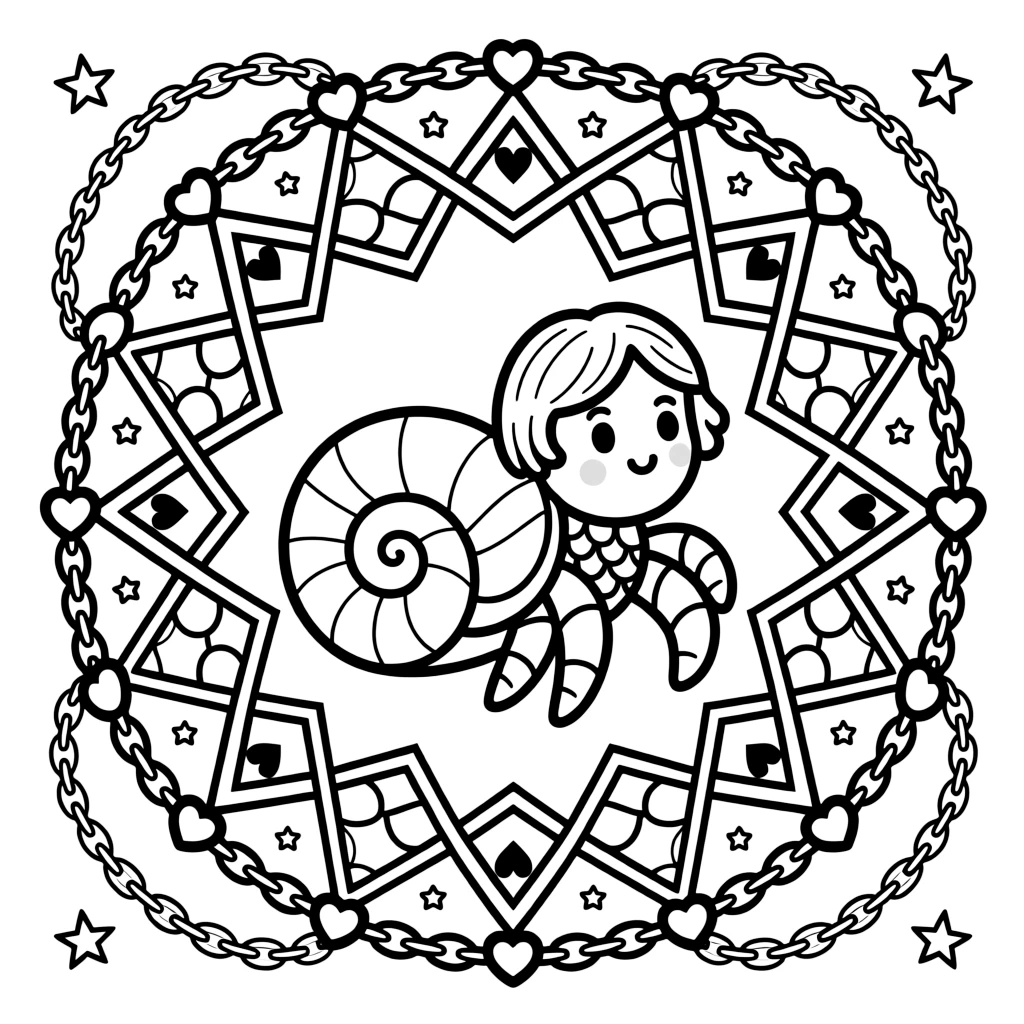 Ocean Creatures: The main subject is a hermit crab peeking out from a spiral shell, drawn as the focal point of a diamond lattice mandala crossing over itself in a grid. It is placed dead center, with the surrounding rings mirrored perfectly across every direction. Decorative details fill the surrounding space, including a chain of linked heart shapes, overlapping fish-scale textures, and interlocking circle chains woven throughout the background. A playful extra touch completes the page: a scattering of small stars filling in any open gaps in the pattern.