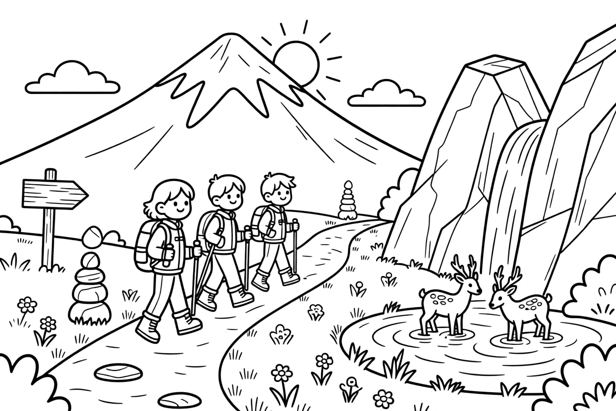 [Mountain Peaks] A group of hikers, backpacks and walking sticks in hand, follow a winding trail toward a snowy peak. A small waterfall cascades down the rocky face into a clear pool where deer come to drink. Jagged rock formations rise beside a winding trail marked with cairns and wooden signposts. Wisps of cloud drift past the summit as the morning sun paints the peaks in soft golden light.