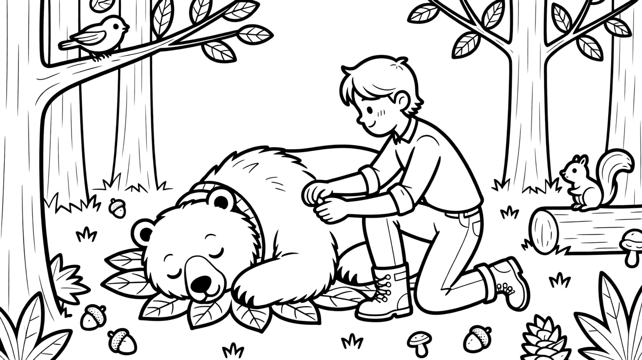 A wildlife researcher fits a tracking collar on a sleeping bear in the forest.