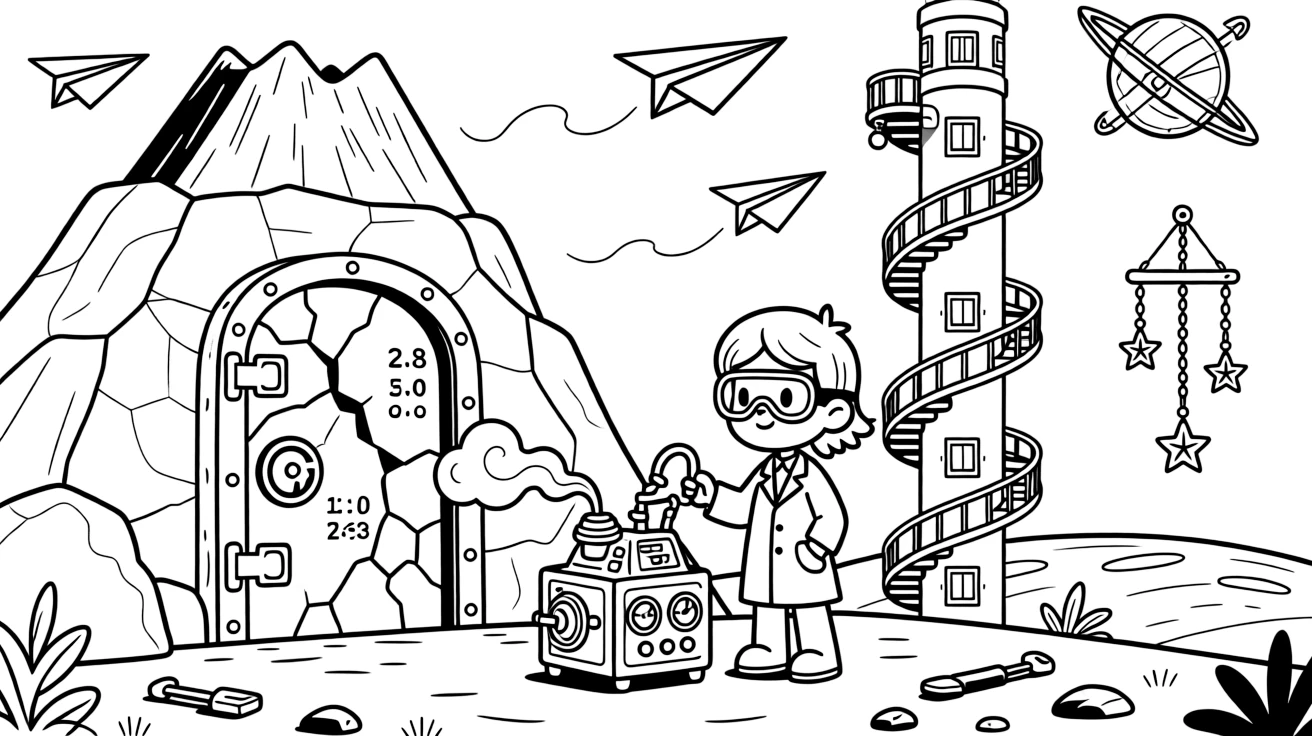 Inventor kid Astra testing a mini weather machine cracking the code on a vault door hidden inside a volcano base in a spiral space elevator connecting a planet to its orbiting station, as a fleet of paper airplanes gliding past and a wind chime made of tiny metal stars fill the scene.