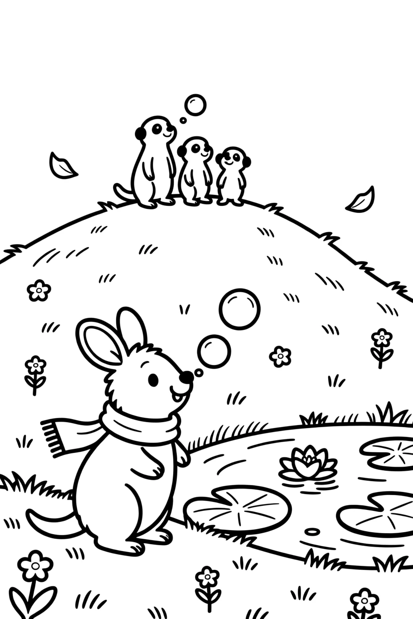 A bilby blowing bubbles with a meerkat family at the top of a windy hill, near a water lily pond, while a gentle breeze scatters flower petals.