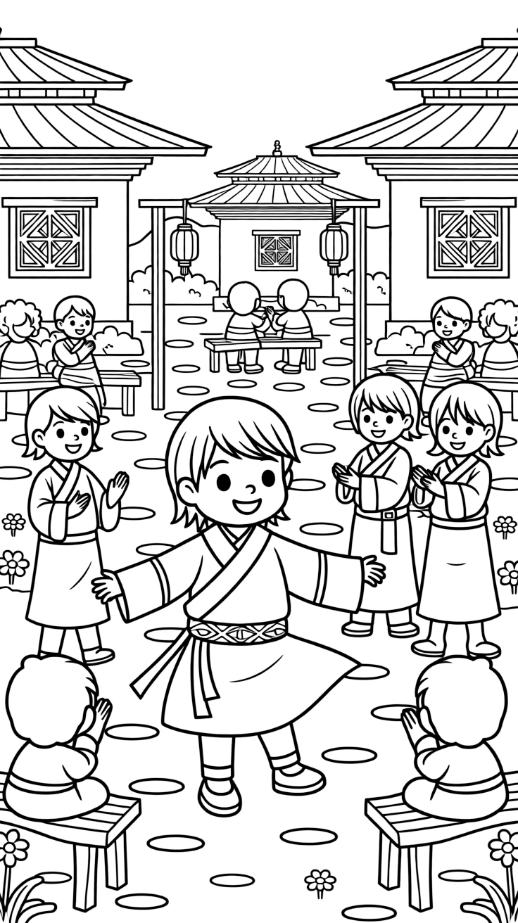 A coloring page from Bhutan showing a child wearing a gho robe tied with a colorful belt, twirling happily in a village square while friends look on and clap.