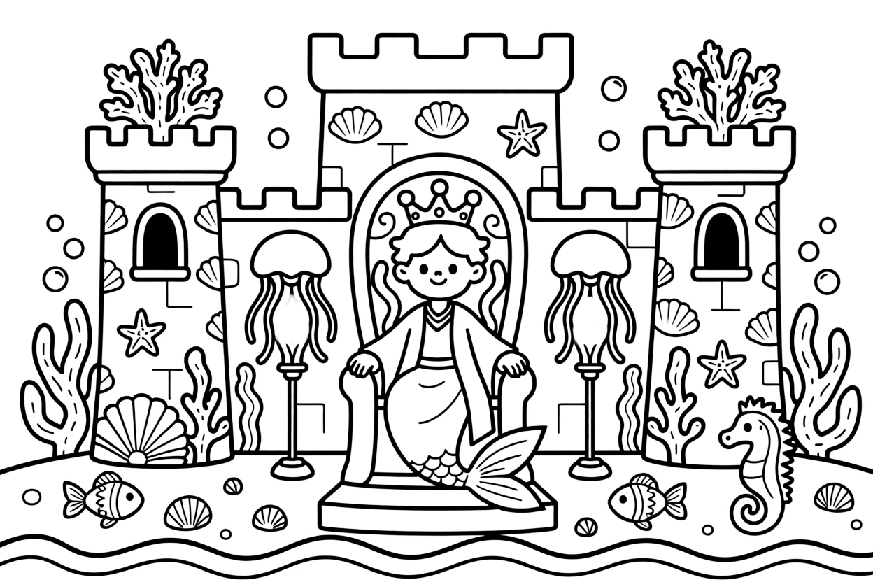 An underwater castle made of coral and pearl houses a merman king, his throne flanked by glowing jellyfish lanterns floating gently upward.