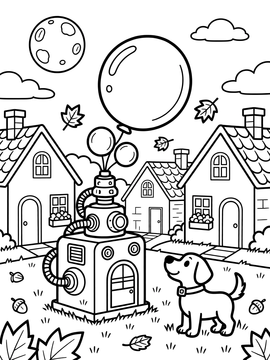[Imaginative Inventions] a bubble-blowing machine launching bubbles the size of balloons above a small neighborhood. In the background, a curious dog watches from nearby, adding extra fun to explore. Wires and bolts decorate the contraption. It all happens under a full moon, with autumn leaves swirling in the wind.