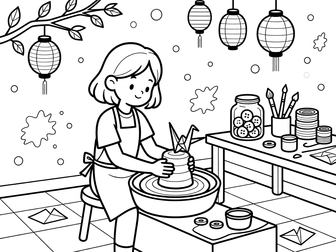 A girl potter shaping clay on a spinning wheel is folding an origami crane inside an art studio splattered with paint. a jar of colorful buttons and ribbons and paper lanterns hanging from low branches add to the delightful moment.