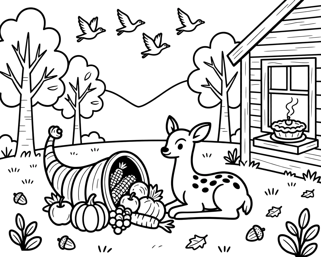 A spotted fawn sitting beside a cornucopia spilling with fruits and vegetables in a forest clearing where the trees are turning gold, with a flock of geese flying south and a warm apple pie cooling on a windowsill scattered about.