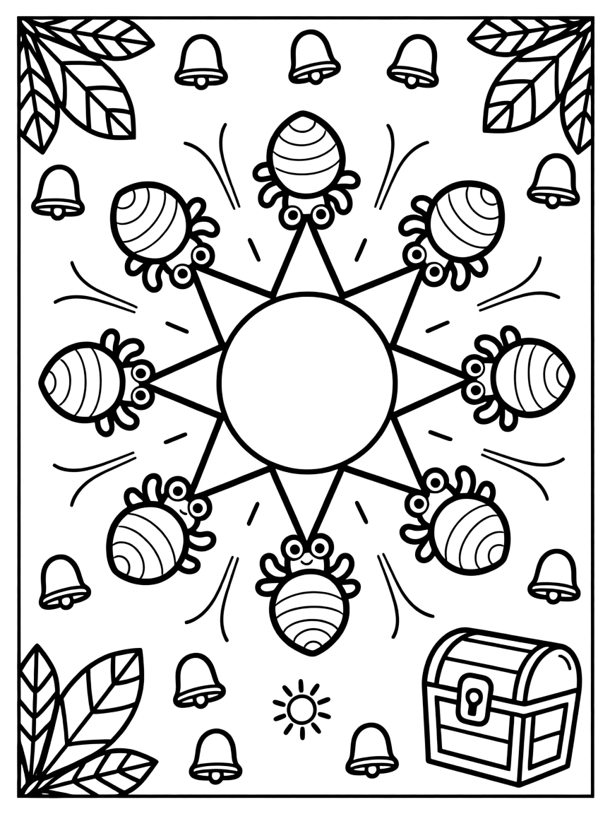 Ocean Creatures: The page centers on a repeating motif of a hermit crab peeking out from a spiral shell, built around a snowflake-shaped mandala with six symmetrical arms. The motif is shown marching in a repeating row all the way around the border of the page, framing an open medallion left blank in the center. Decorative details fill the surrounding space, including rays fanning out like a small sunburst, clusters of tiny bells, and layered leaf clusters woven throughout the background. A playful extra touch completes the page: a small treasure chest half-hidden along one edge of the design.