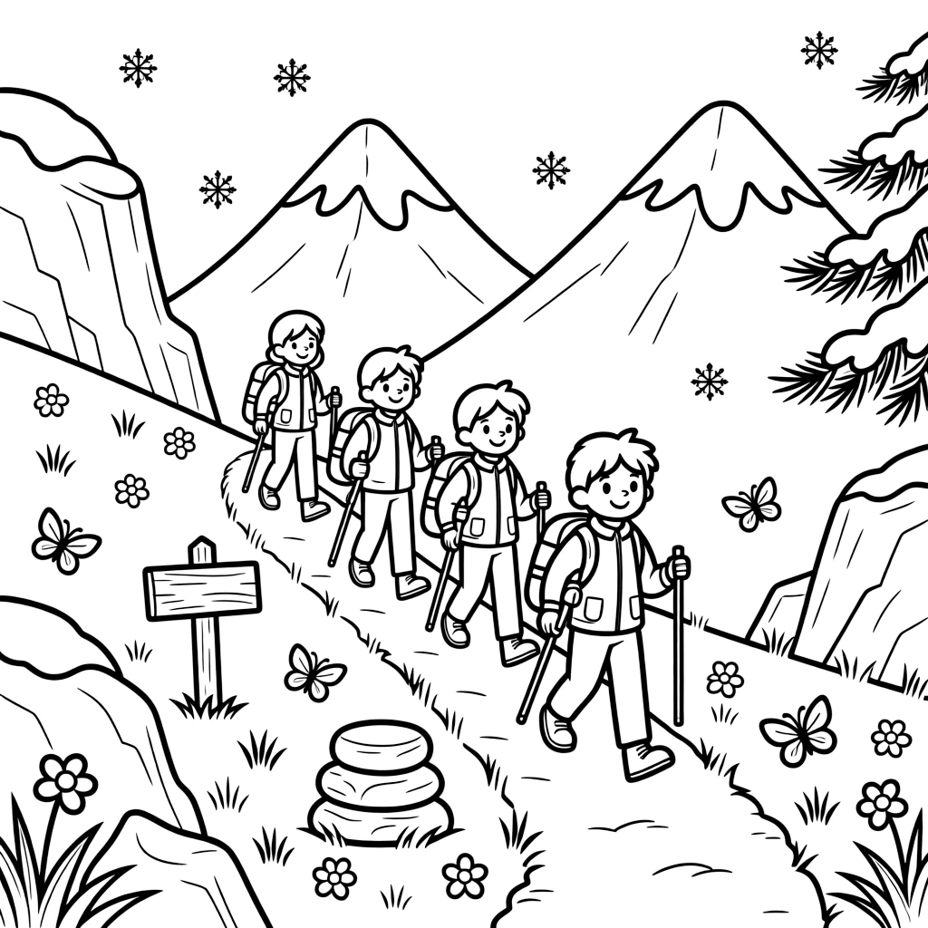 [Mountain Peaks] A group of hikers, backpacks and walking sticks in hand, follow a winding trail toward a snowy peak. Colorful alpine flowers dot the slopes as butterflies drift between patches of wild grass. Jagged rock formations rise beside a winding trail marked with cairns and wooden signposts. Fresh snowflakes drift down over the mountainside, dusting the rocks and pine branches.