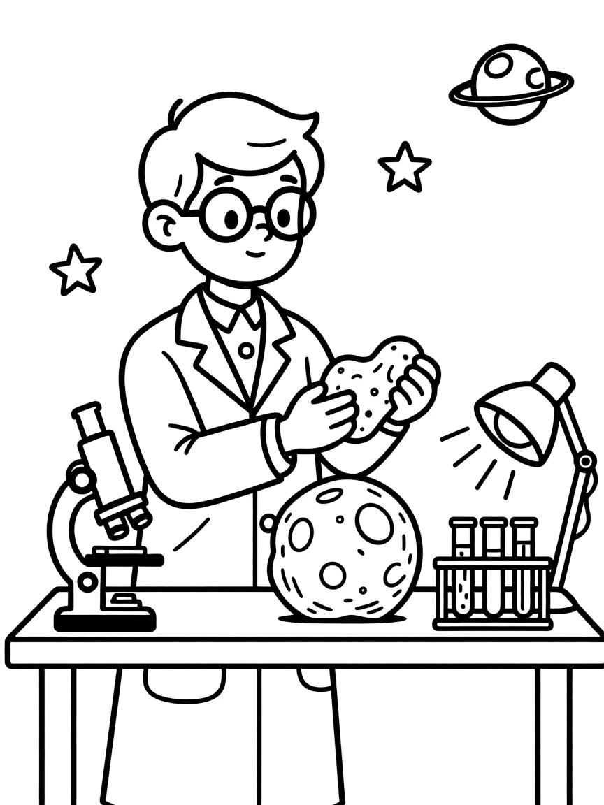 A space scientist examines a moon rock sample under a bright laboratory light.